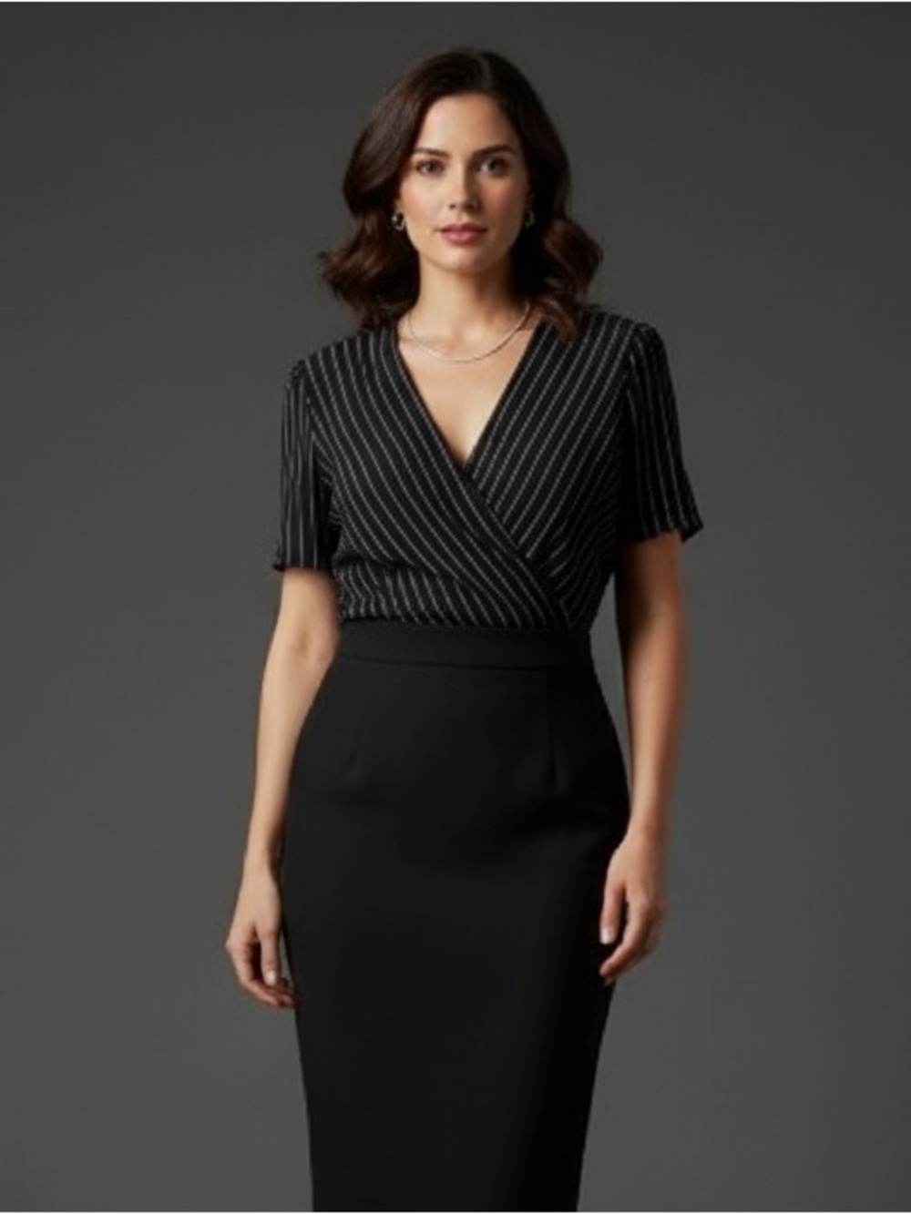 Holt Renfrew Black Pinstripe Wrap-Style Blouse